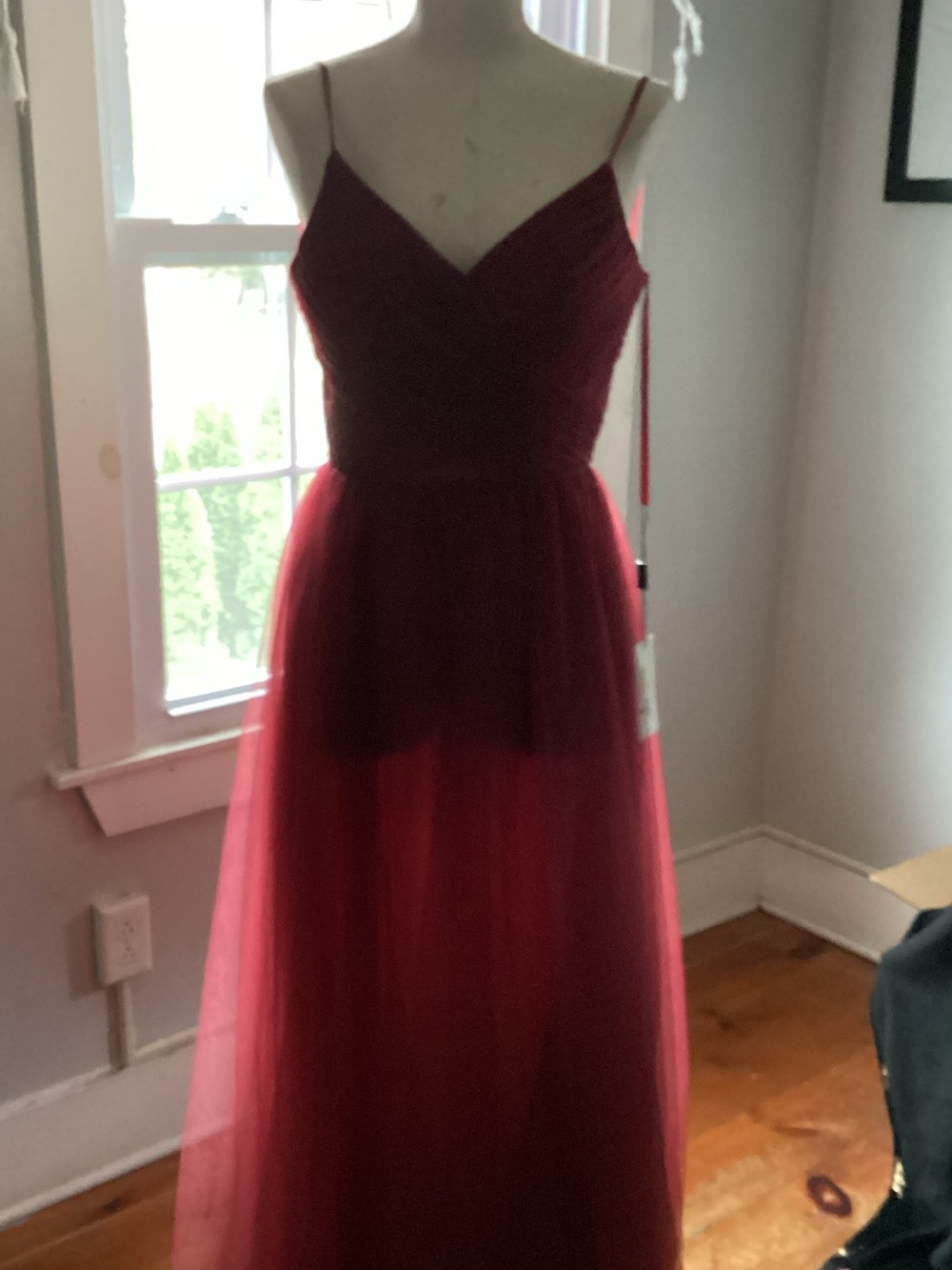 NWT Terani Couture Burgundy Spaghetti-Strap Tulle Gown